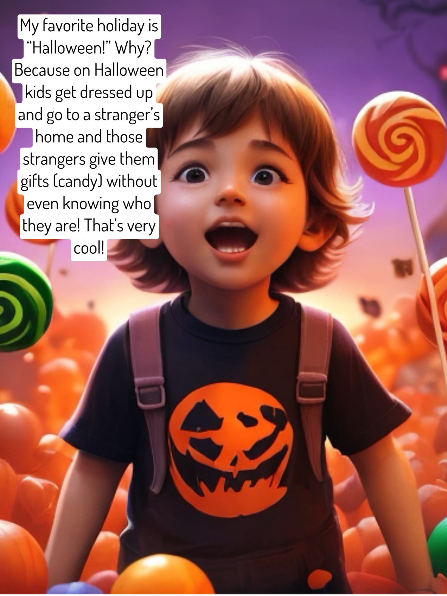 My favorite holiday is “Halloween!” Why? Because on Halloween kids get dressed up and go to a stranger’s home and those strangers give them gifts (candy) without even knowing who they are! That’s very cool! Thanks, “The” Trainer/Inside Out Fitness