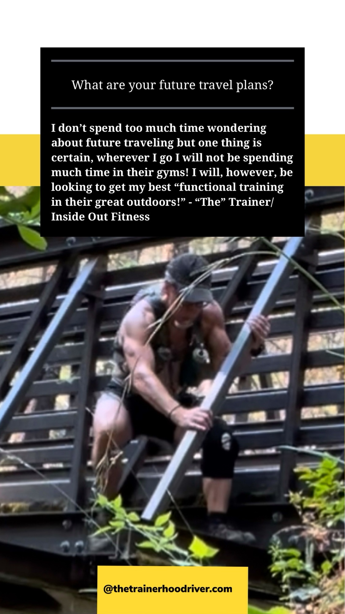I don’t spend too much time wondering about future traveling but one thing is certain, wherever I go I will not be spending much time in their gyms! I will, however, be looking to get my best “functional training in their great outdoors!” – “The” Trainer/Inside Out Fitness #travelandexercise #travelandleisure #travelanddestinations #travelphotography #travelandtourism #travelandexerciseatthesametime #travelandexe