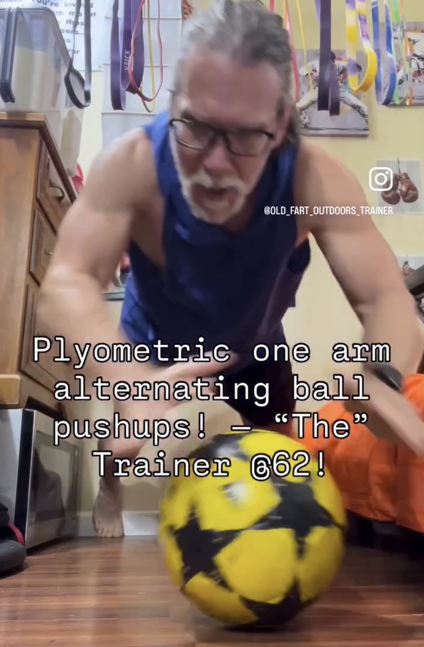 functionaltraining #functionaltrainer Plyometric one arm alternating ball pushups! — “The” Trainer @62!#smallspaceworkout #smallspaceworkouts #smallspacetraining #traininginsmallspaces #plyometricstraining #plyometricworkout #smallspaceworkout #smallspaceworkouts #smallspacetraining #traininginsmallspaces #plyometricstraining #plyometricworkout