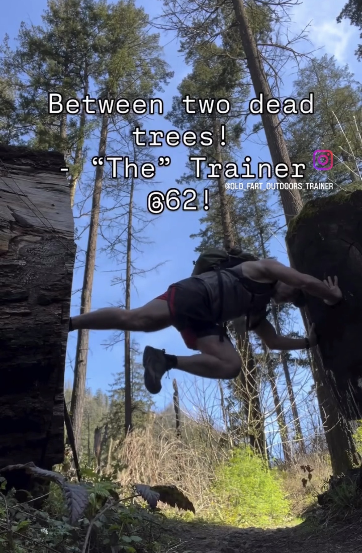 Between two dead trees! Awesome day! — “The” Trainer @62! #functionaltraining