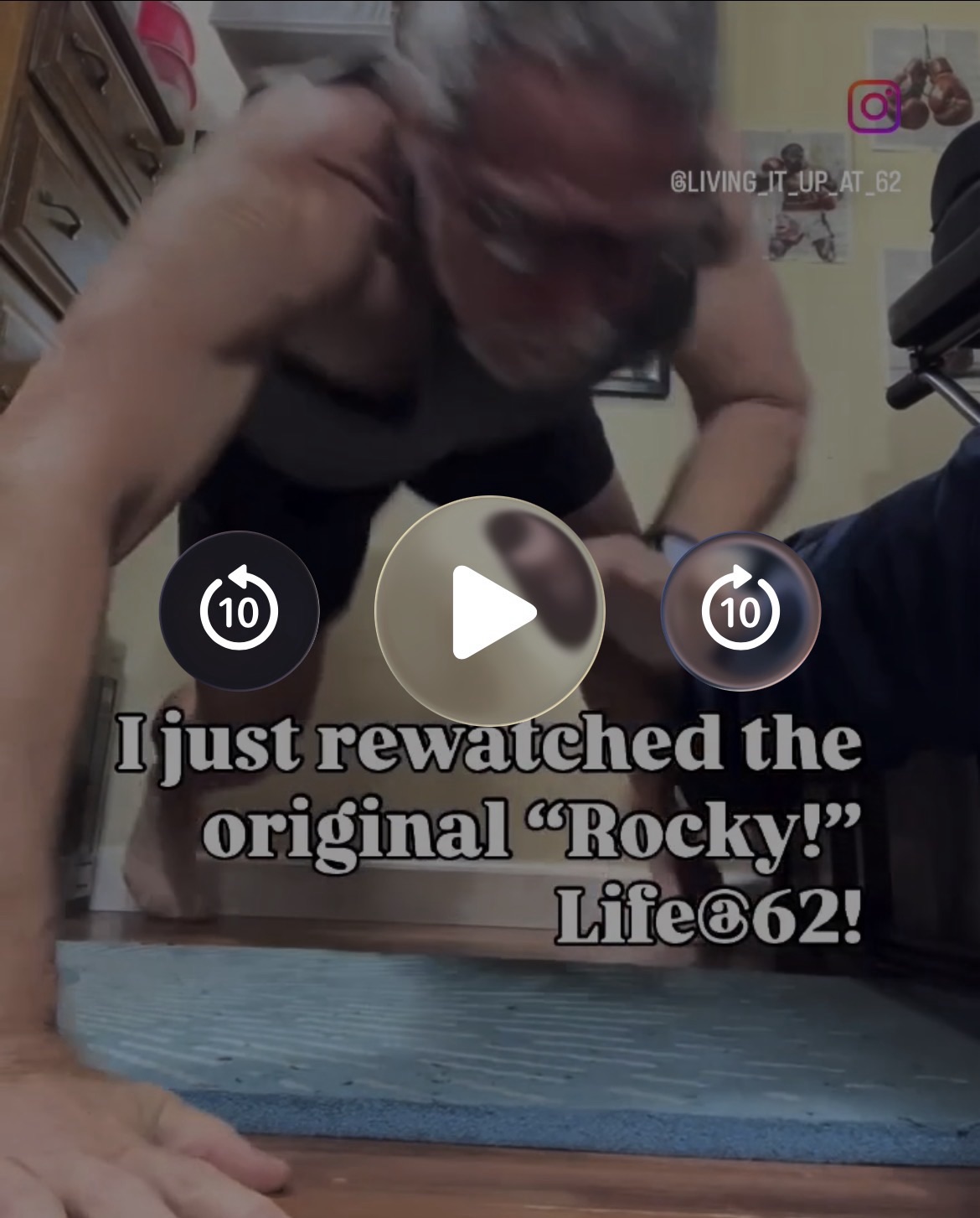 I just rewatched the original “Rocky!”Life@62! #onearmpushupsplyometrics #plyometrics #alternateonearmpushups #rocky #traininginasmallplace