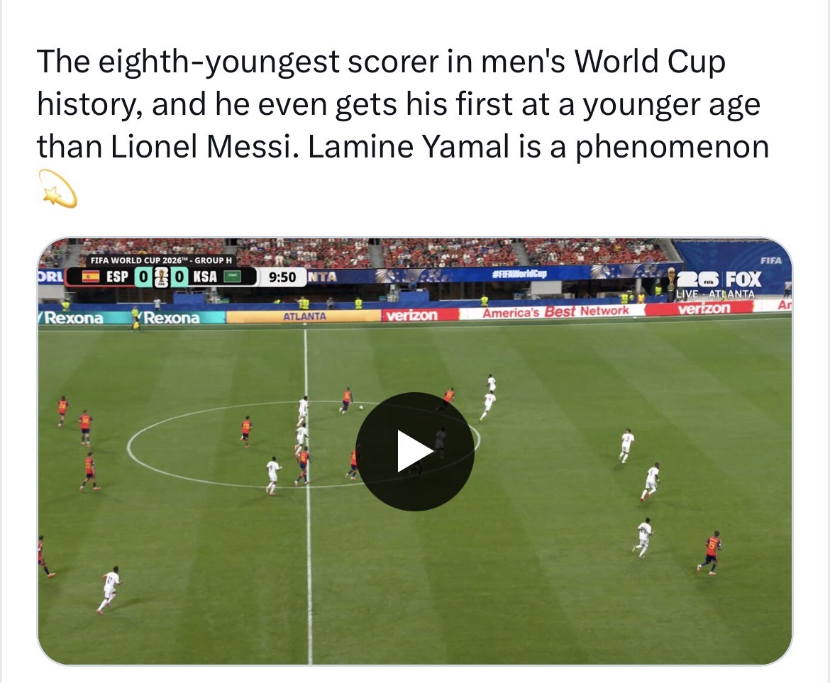 The eighth-youngest scorer in men’s World Cup history, and he even gets his first at a younger age than Lionel Messi. Lamine Yamal is a phenomenon